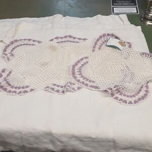 Set of 2 hand crocheted white with purple trim doilies